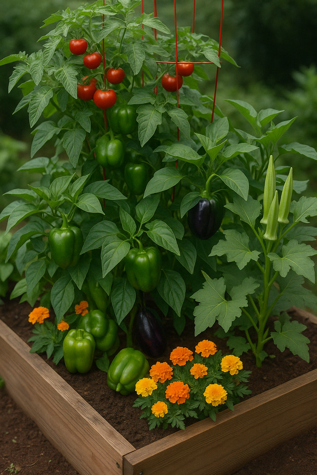 A variety of plants thriving in raised garden beds. A variety of plants thriving in raised garden beds.