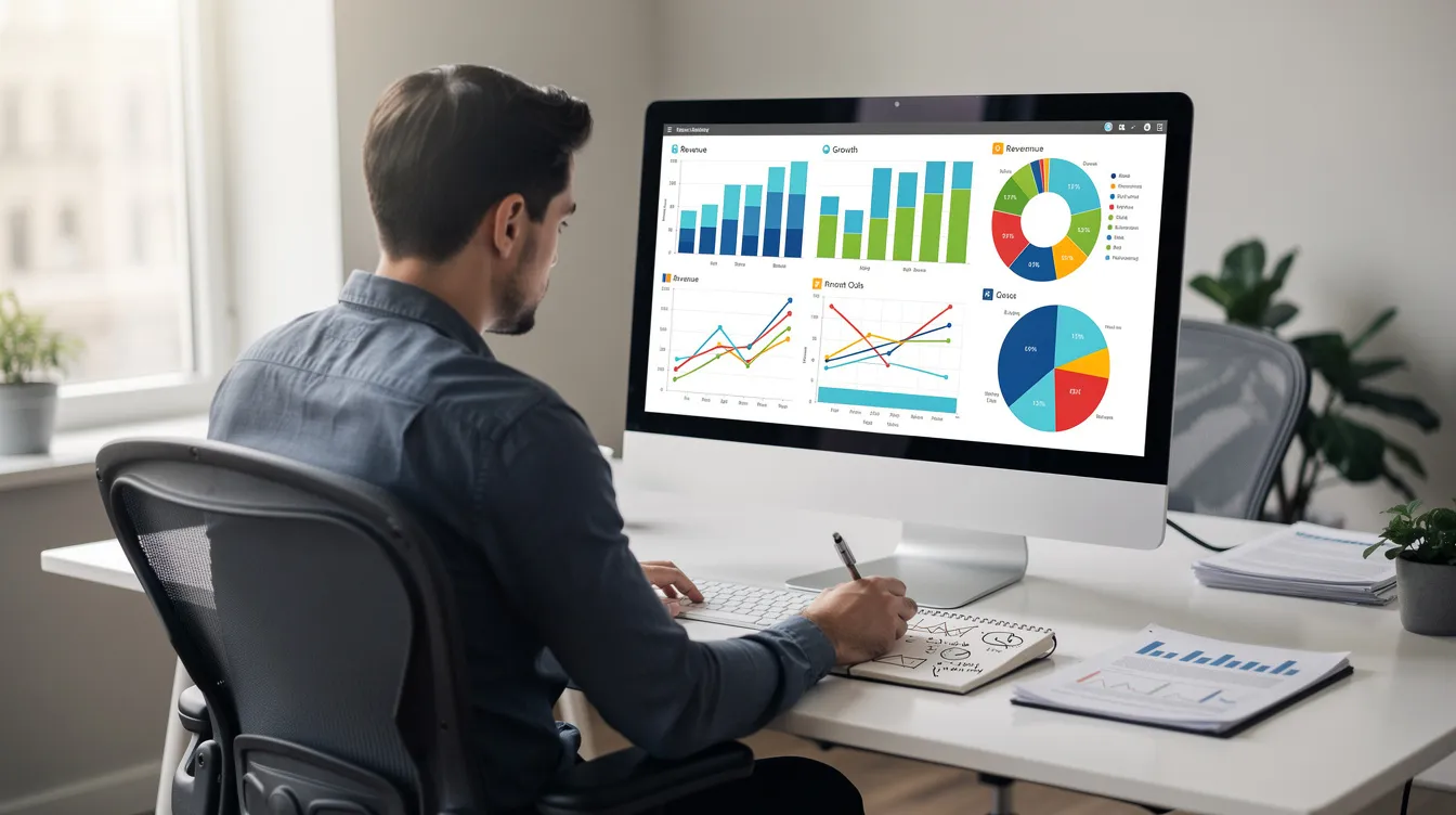 The image shows a person in an office setting, intently reviewing colorful charts and graphs displayed on a computer monitor, which likely represent financial data related to property management. This scene highlights the importance of effective financial management for property managers in tracking rental income, cash flow, and operational expenses for informed decision-making.