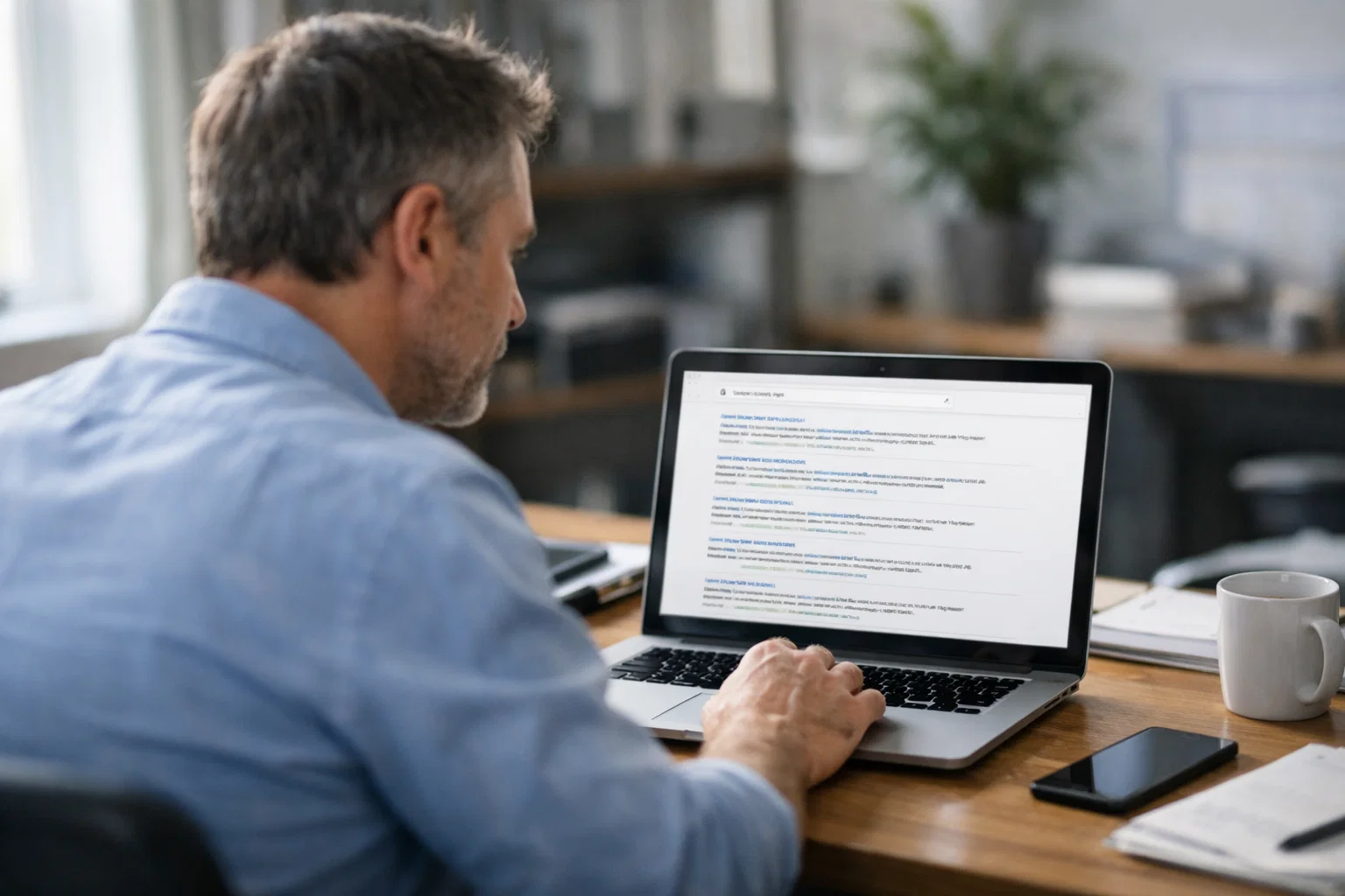Business owner searching online for insurance providers on laptop