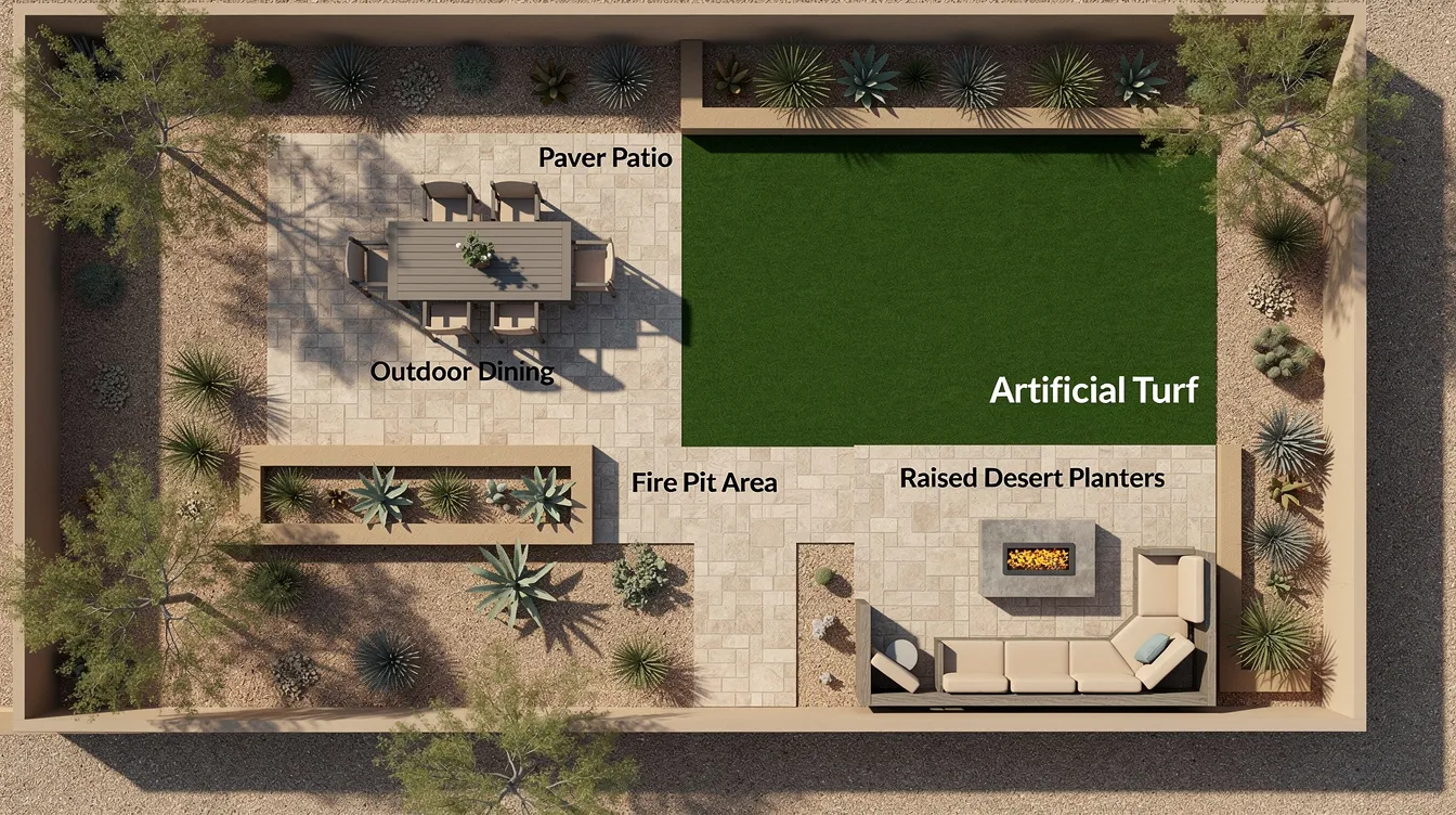 This overhead view showcases a complete backyard design featuring a paver patio with outdoor dining furniture, an artificial turf section, raised desert planters, and a cozy fire pit area, all set in a Southwest desert environment. The layout emphasizes various zones for outdoor living, enhancing the property value and creating a functional space for family gatherings and entertaining friends.