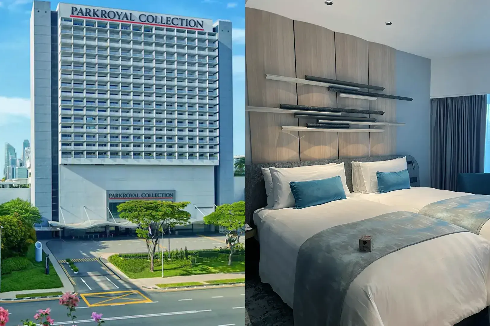 Parkroyal Collection Marina Bay tower exterior with landscaped entrance alongside a modern room with blue accents and skyline views