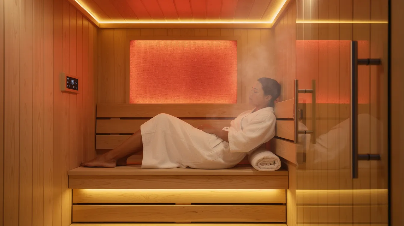 A person is seen relaxing in a modern wooden infrared sauna cabin, illuminated by warm lighting that enhances the soothing atmosphere. This sauna therapy promotes relaxation and offers health benefits such as improved circulation and muscle recovery, making it an ideal choice for those seeking stress relief and joint pain relief.