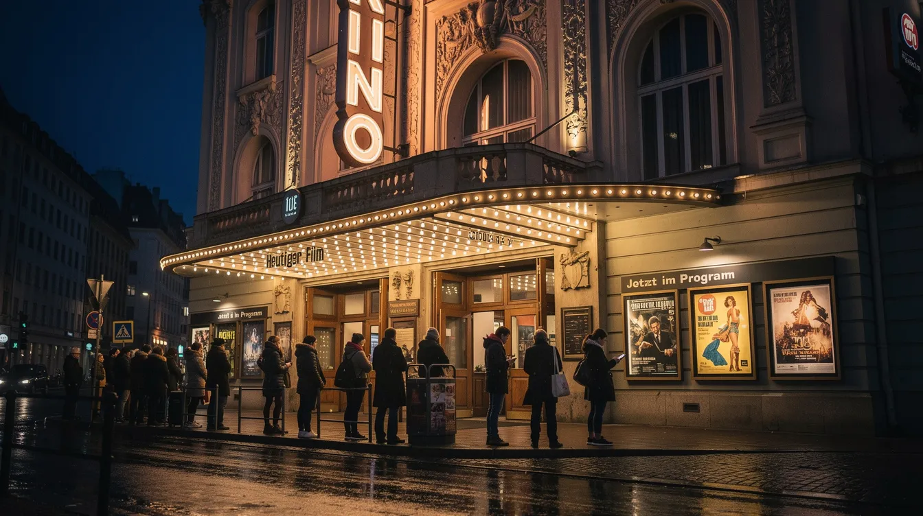 Die historische Kino-Fassade strahlt in der Nacht mit einer beleuchteten Markise, während sich eine Menschenschlange geduldig vor dem Eingang bildet. Dieses Bild erinnert an die Atmosphäre des Klassikers "On the Waterfront", in dem Marlon Brando als Terry Malloy die Herausforderungen im Hafenarbeiter-Milieu thematisiert.