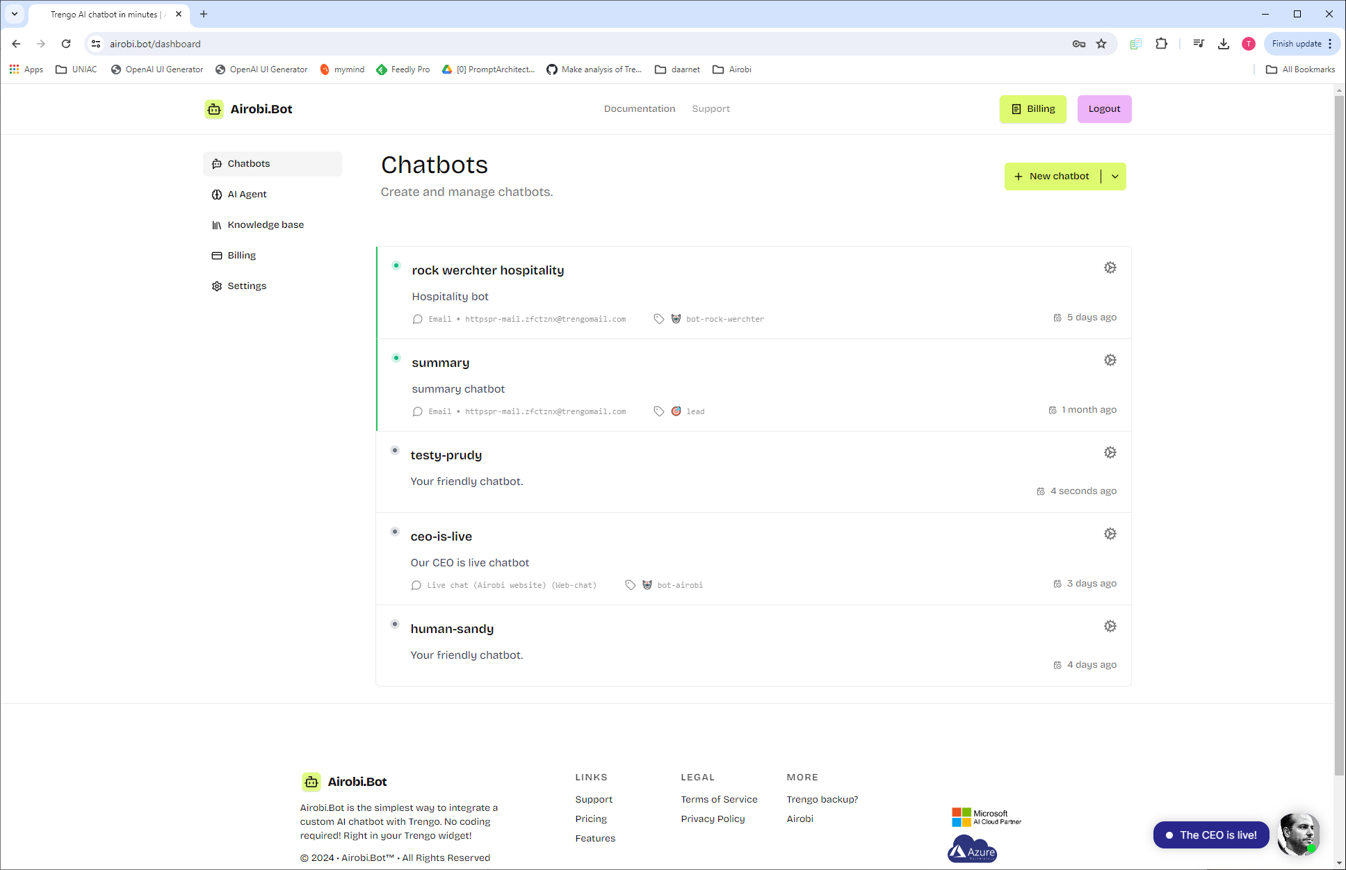 screenshot overview configured chatbots