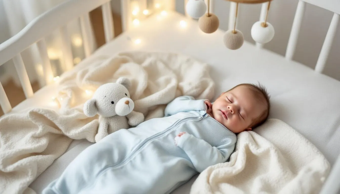 The image showcases a collection of cozy sleep solutions for newborns, featuring soft sleep bags and cuddly accessories designed for comfort. These practical gifts are perfect for baby showers, offering new parents adorable and gender neutral options for their little ones.