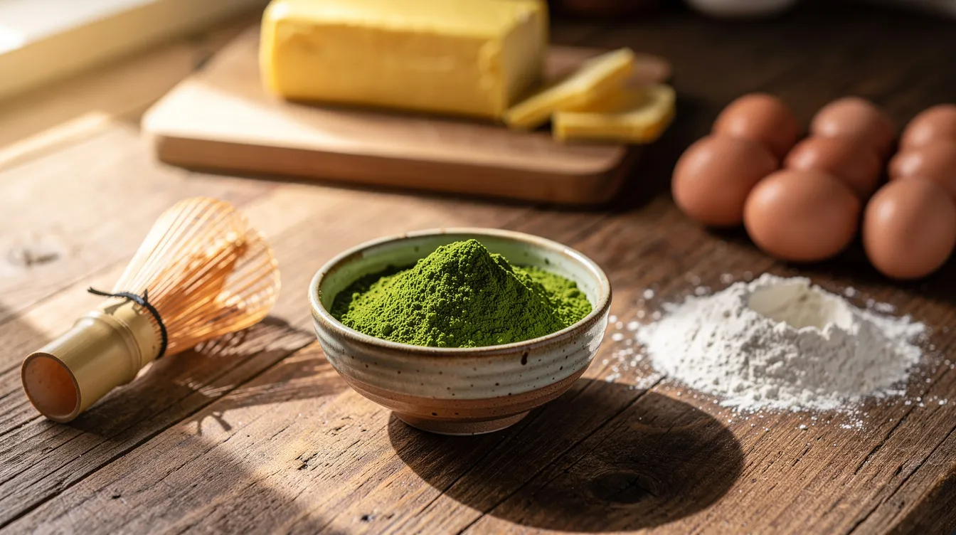 Matcha, bambusowy chasen, jajka, mąka i masło przygotowane do wykorzystania w wypiekach
