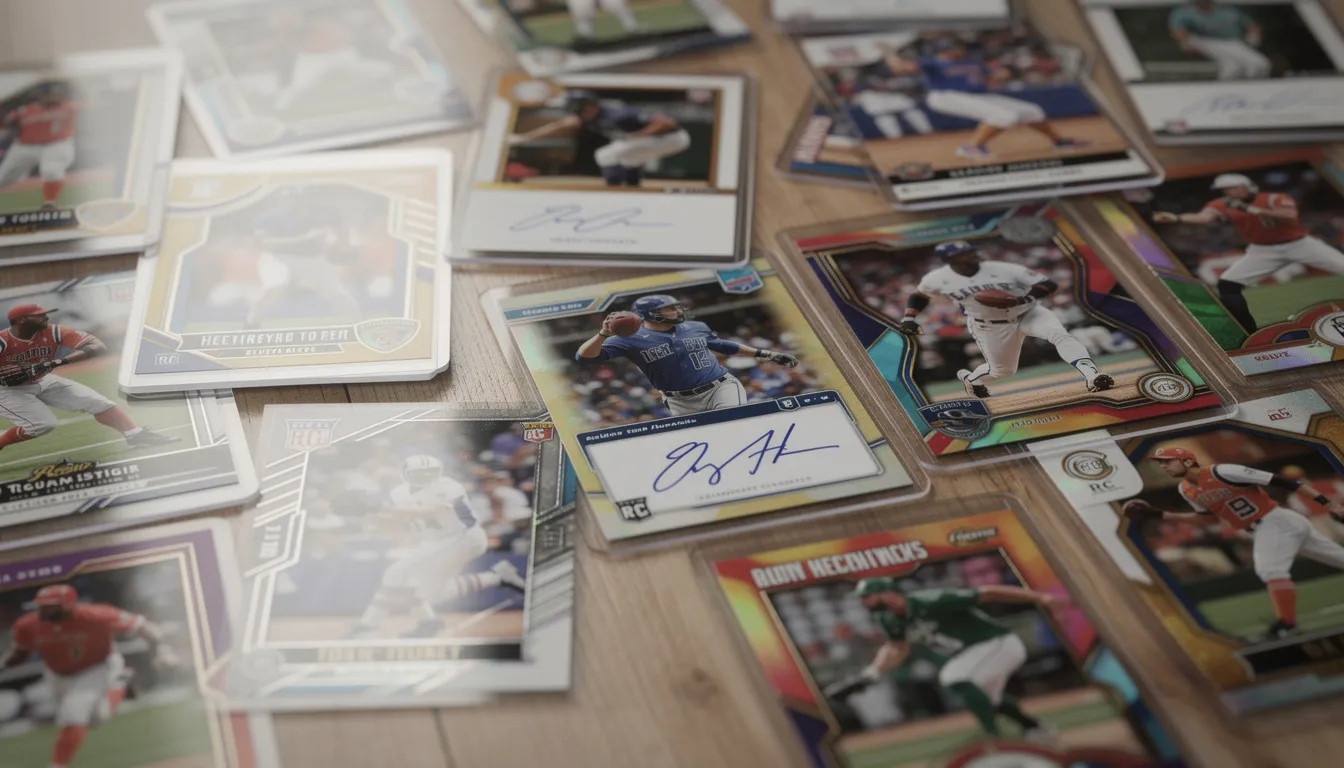 A collection of various sports cards is spread out on a table, showcasing different types such as rookies, parallels, and autographed cards. This vibrant display highlights the diversity within trading cards, appealing to collectors who track the value and condition of specific cards in their portfolios.