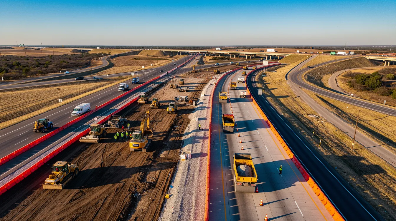 An aerial view of a Texas interstate corridor under construction shows barriers and heavy equipment, illustrating the schedule coordination demands of large infrastructure work.
