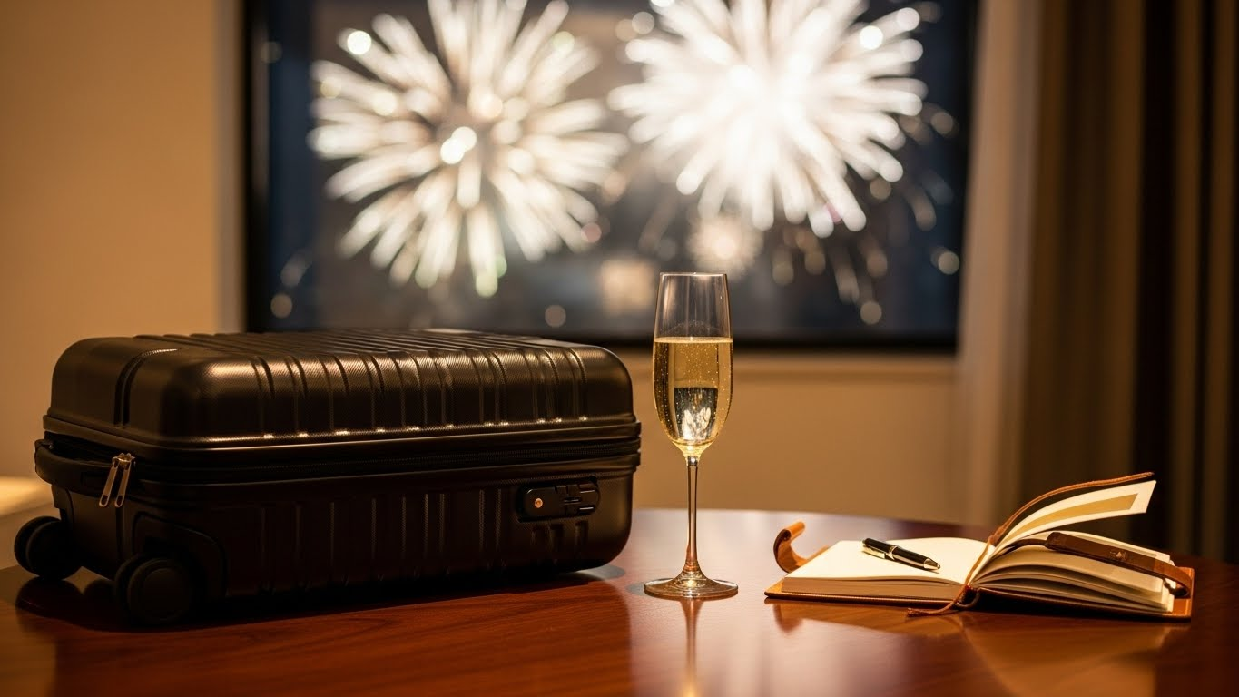 Luxury travel setup with suitcase, champagne glass, and soft New Year’s fireworks bokeh in the background.