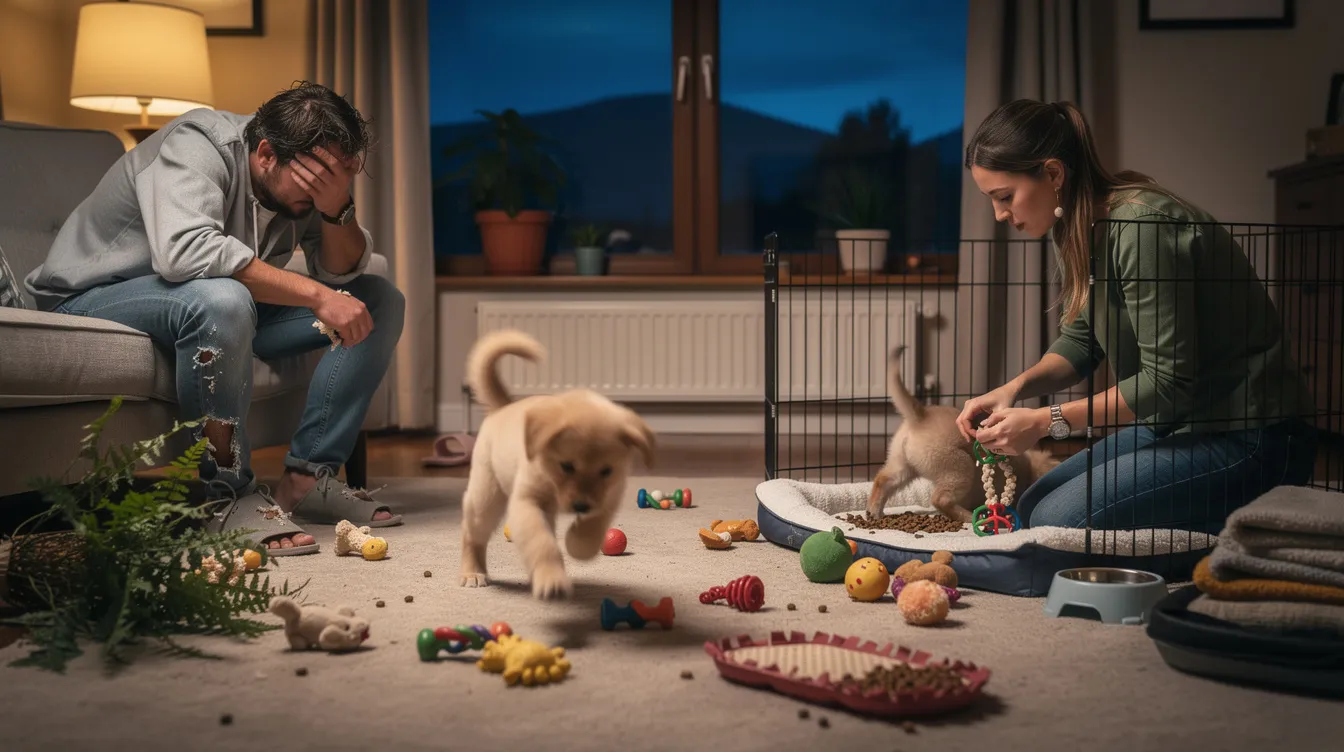 The image depicts a playful puppy during the "witching hour," filled with pent-up energy, engaging in rough play with a chew toy while a cozy living room setting surrounds it. The scene conveys the excitement and challenges of managing a high-energy pup, emphasizing the need for calm behavior and mental stimulation during this time.