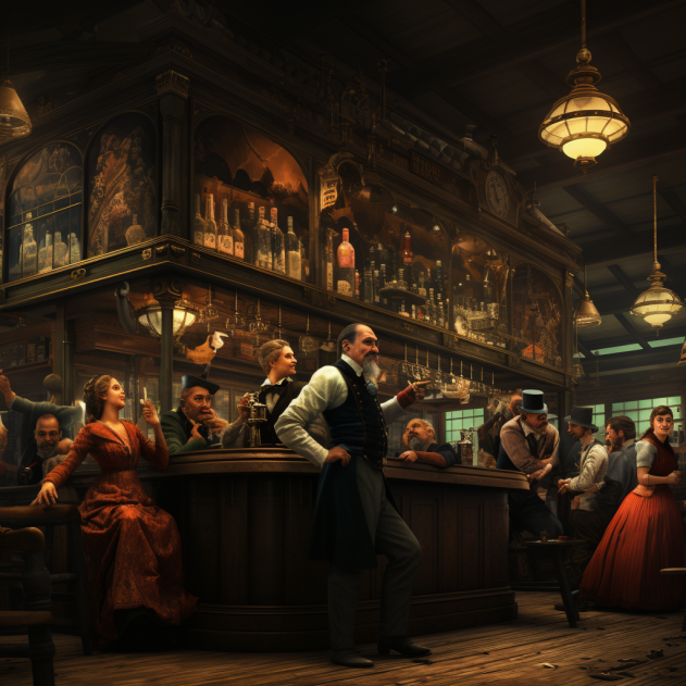 Quirky A.I. version of 1800s bar.