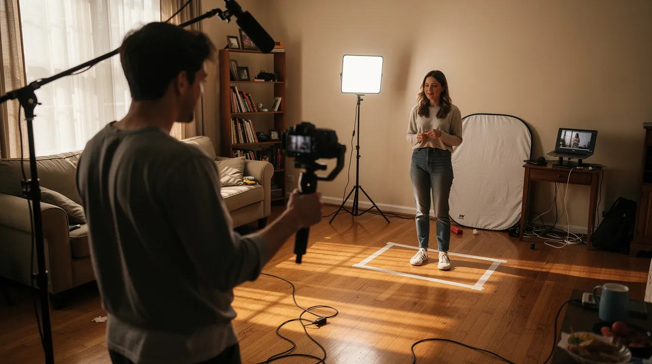Eine kleine Indie-Filmcrew arbeitet in einem Wohnzimmer in Hamburg-Altona, wo ein junger Kameramann mit einem Gimbal die Szene aufnimmt, während eine Schauspielerin mit Markierungen am Boden für die Aufnahme bereitsteht. Im Hintergrund ist einfaches Equipment zu sehen, das für die Produktion verwendet wird.