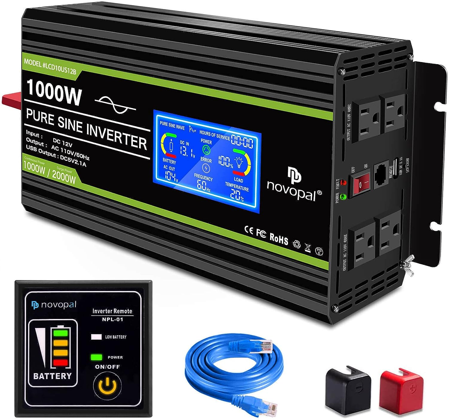 A 1000W pure sine wave inverter with LED indicators and LCD display