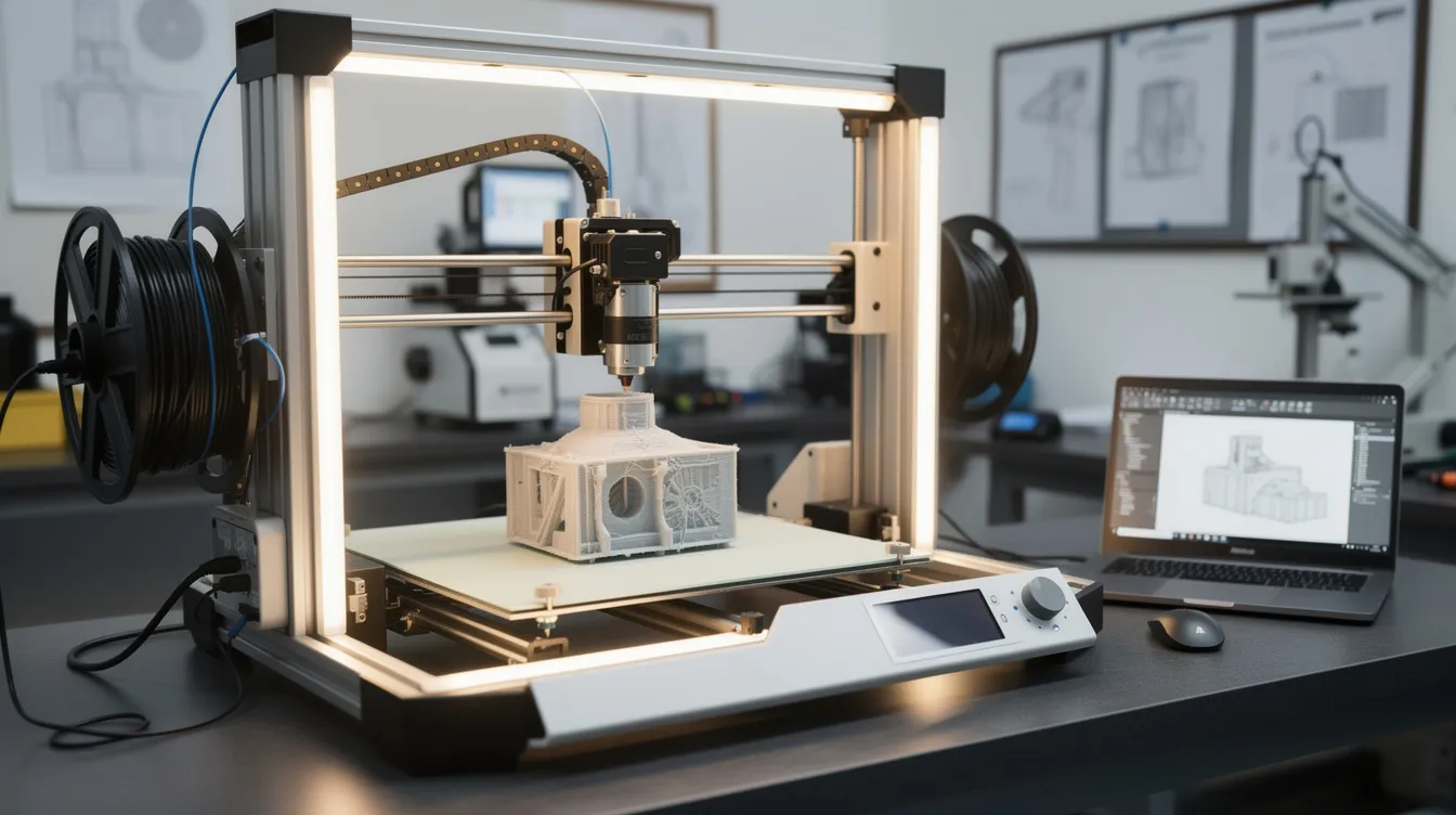 A desktop 3D printer is actively producing a plastic prototype part in an engineering lab, showcasing the process of rapid prototyping. The environment is filled with tools and equipment typical of a precision CNC machining facility, emphasizing the importance of tight tolerances and quality control in manufacturing.