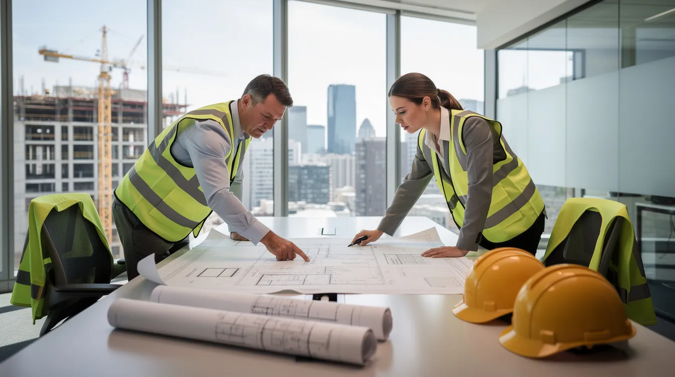 Two construction professionals are seated at a conference table, intently reviewing blueprints while hard hats rest nearby, highlighting their focus on project planning and management. This collaborative effort aims to address potential risks and ensure compliance with quality standards and safety regulations in construction development.