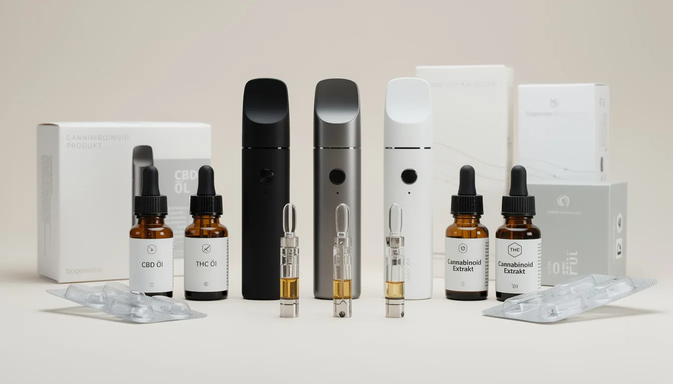Das Bild zeigt moderne Vaporizer-Geräte und verschiedene Cannabinoid-Produkte, die auf einem minimalistischen Hintergrund angeordnet sind. Die Geräte und Produkte repräsentieren die Vielfalt der Cannabisverarbeitung, einschließlich Haschisch und Cannabisblüten, und sind für Konsumenten gedacht, die an der Anwendung von psychoaktiven Substanzen interessiert sind.