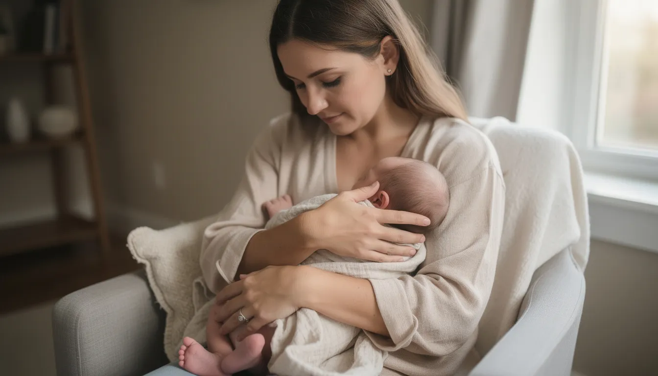 Na zdjęciu widzimy mamę delikatnie trzymającą niemowlę, podpierając mu główkę, co jest istotne w kontekście symetrycznego ustawiania główki oraz zapobiegania kręczowi szyi u niemowląt. Mama stara się wspierać rozwój motoryczny dziecka, zachęcając je do aktywności w różnych pozycjach.