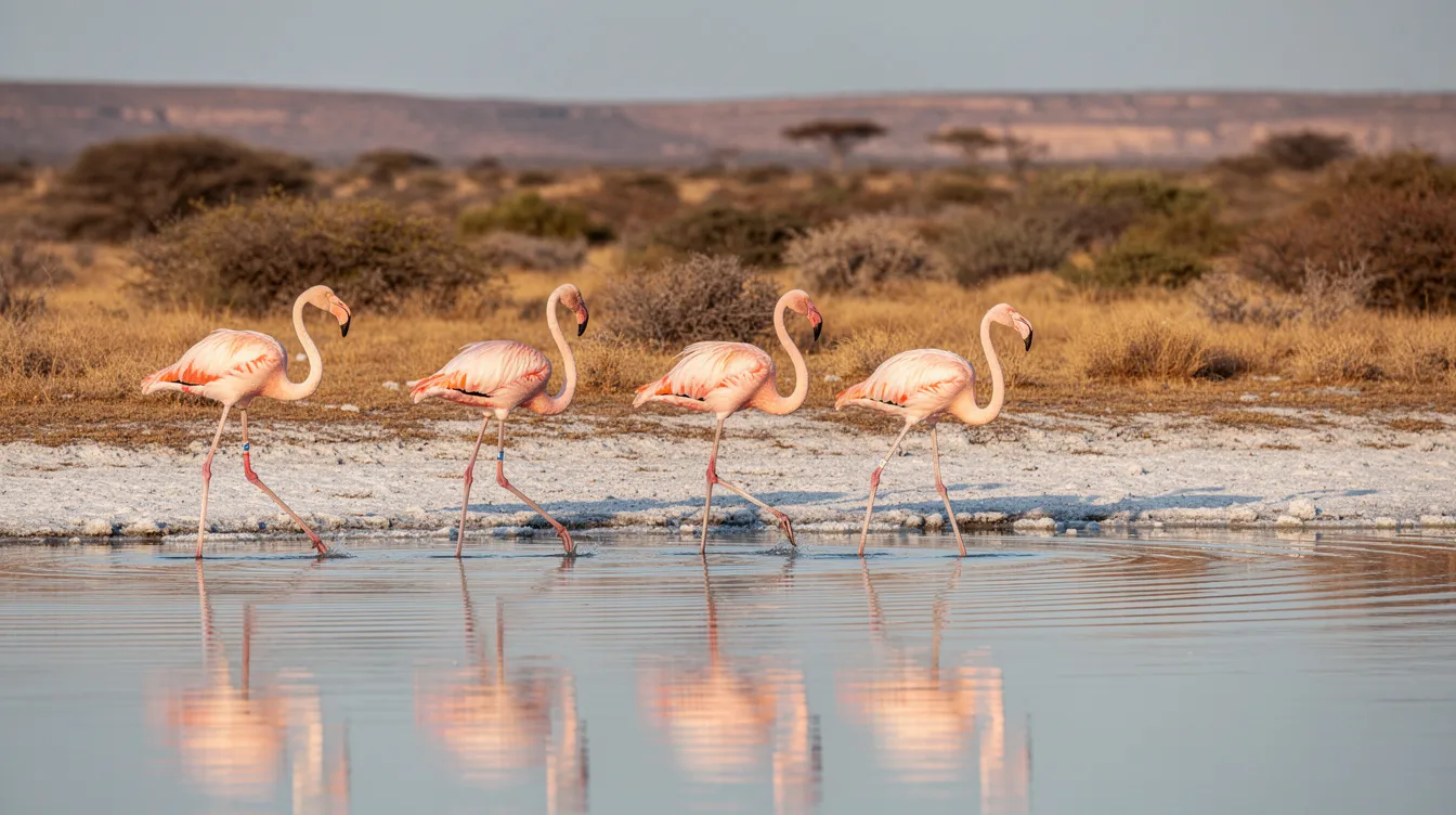 Imagem de flamingos rosados em uma lagoa salgada, com vegetação seca ao fundo, evocando a beleza natural de Curaçao, um destino paradisíaco no Caribe. A cena captura a tranquilidade e a vida marinha vibrante que podem ser encontradas nas ilhas ABC.