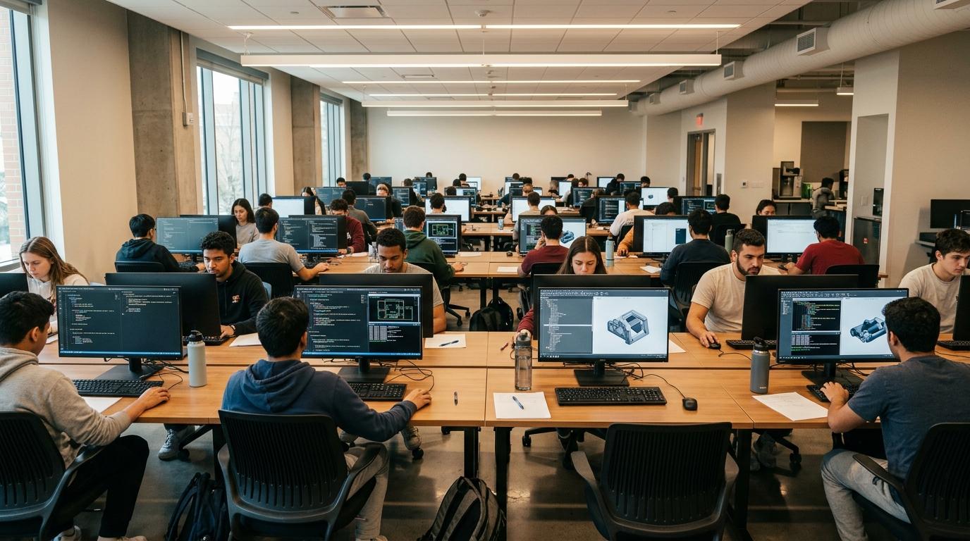 University students completing programming and engineering exams inside identical cloud-hosted virtual desktops with preconfigured professional software, modern computer lab.