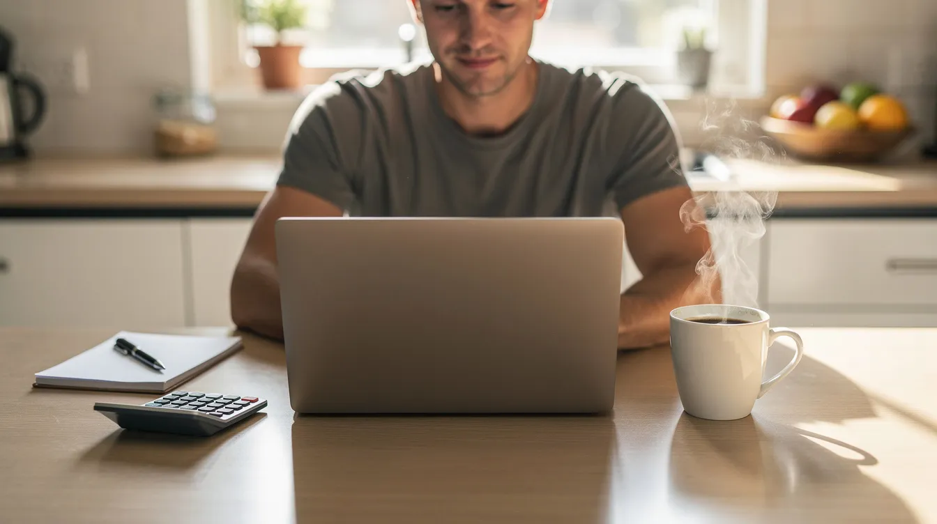 A person is seated at a kitchen table, focused on their laptop while sipping coffee, with a calculator beside them, suggesting they might be managing finances or researching online money transfer services to send money to Turkey. The scene conveys a casual yet productive atmosphere, ideal for handling bank transfers and comparing fees for international money transfers.