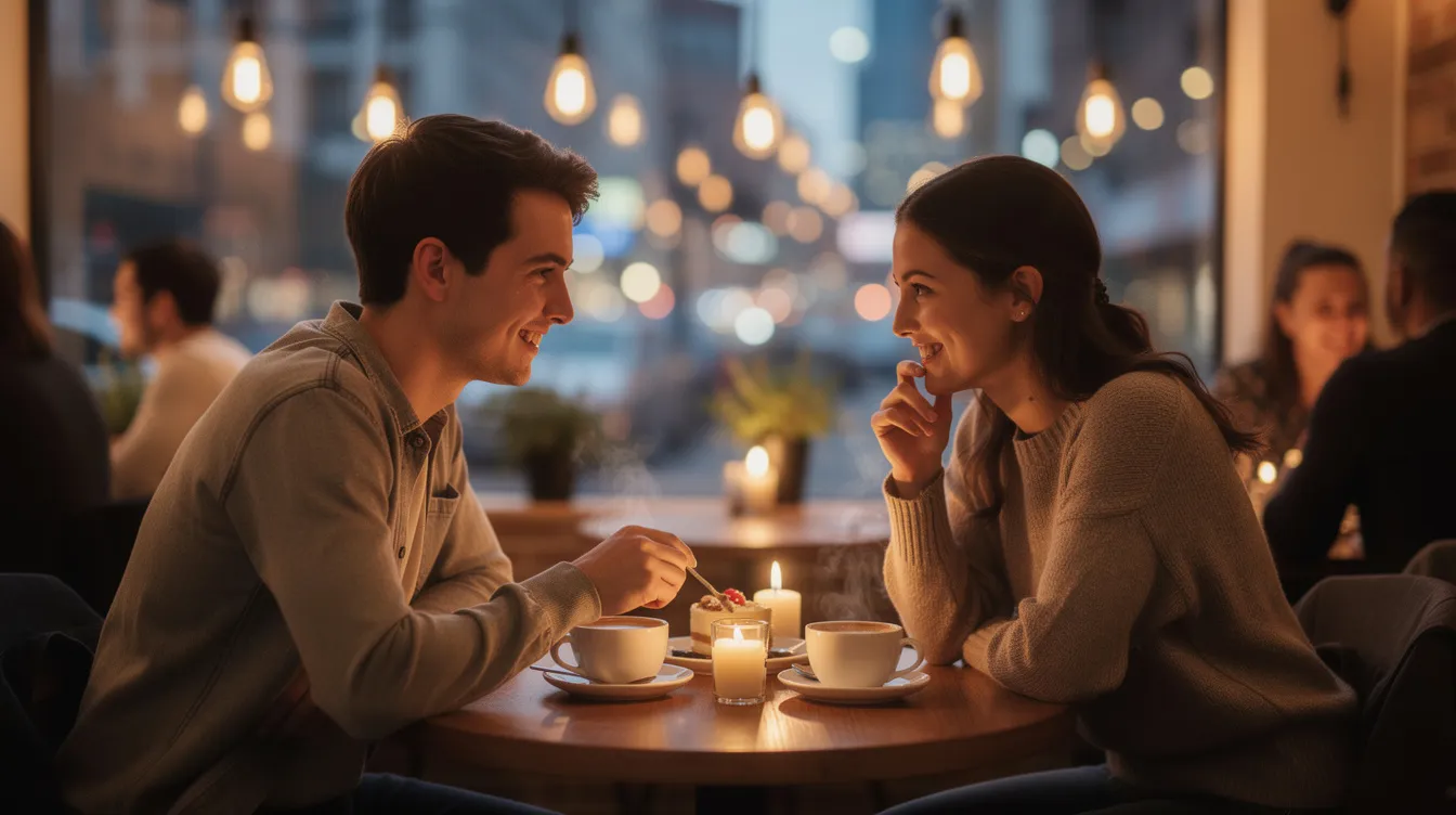 A couple is sitting at a cozy café, engaged in a meaningful conversation on their first date. They are smiling and appear to be enjoying each other's company, as they ask deeper questions to build an authentic connection and ensure they are on the same page about their core values.