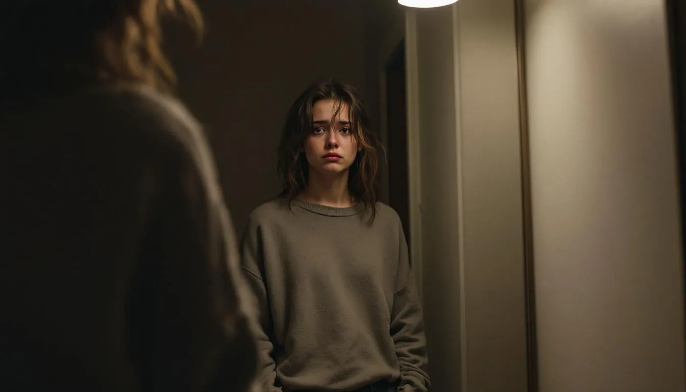 . The image portrays a young person with a reflective and vulnerable expression, set against a soft, muted background that conveys the emotional complexity associated with διατροφικές διαταραχές. Subtle shadows enhance the depth of their feelings, highlighting the psychological struggles linked to διατροφική διαταραχή, such as νευρική ανορεξία και βουλιμία.