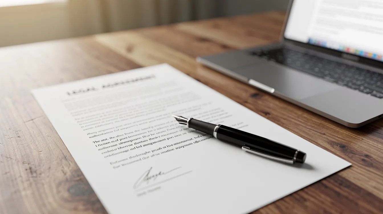 The image depicts a legal document and a pen resting on a wooden desk, with an open laptop nearby, suggesting a setting for discussing LLC member disputes or reviewing operating agreements. This workspace reflects the importance of legal guidance in resolving conflicts among LLC members and managing business operations.
