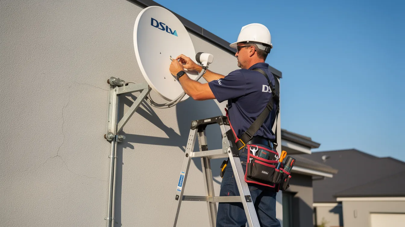 A DStv technician is in the process of installing a satellite dish on a stable wall bracket, ensuring proper dish alignment for optimal signal reception. The technician is equipped with the necessary tools and cables to connect the dish to the DStv decoder, aiming for the best signal strength for uninterrupted viewing.