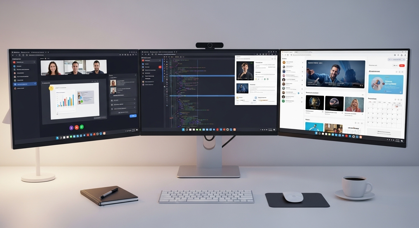 Organized digital workspace with three virtual desktops, each dedicated to meetings, focused work, and personal tasks.