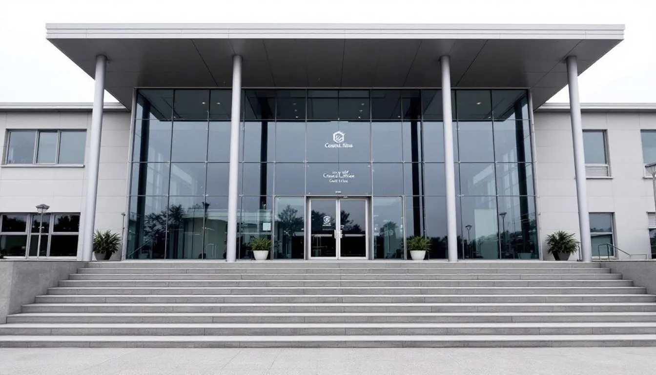 The image depicts the exterior of a council office building featuring a set of steps leading up to the entrance, which is likely where local government officials handle land information memorandum (LIM) requests and provide property information. The building's architecture suggests it serves as a hub for managing resources like building consents and public stormwater information.