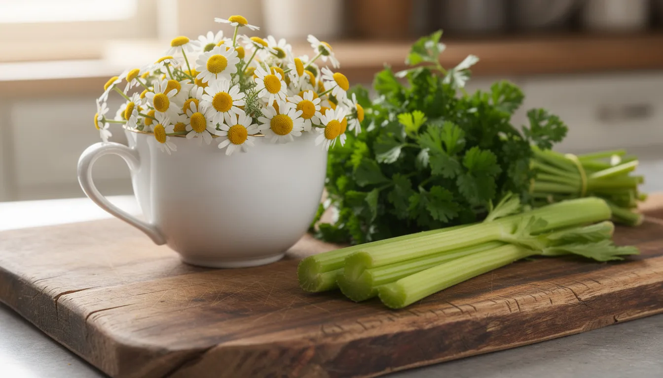 The image features fresh chamomile flowers arranged in a delicate teacup, accompanied by vibrant bundles of parsley and crisp celery stalks, all set on a rustic wooden cutting board. This composition highlights the importance of incorporating natural ingredients into a balanced diet for optimal human health and longevity research.