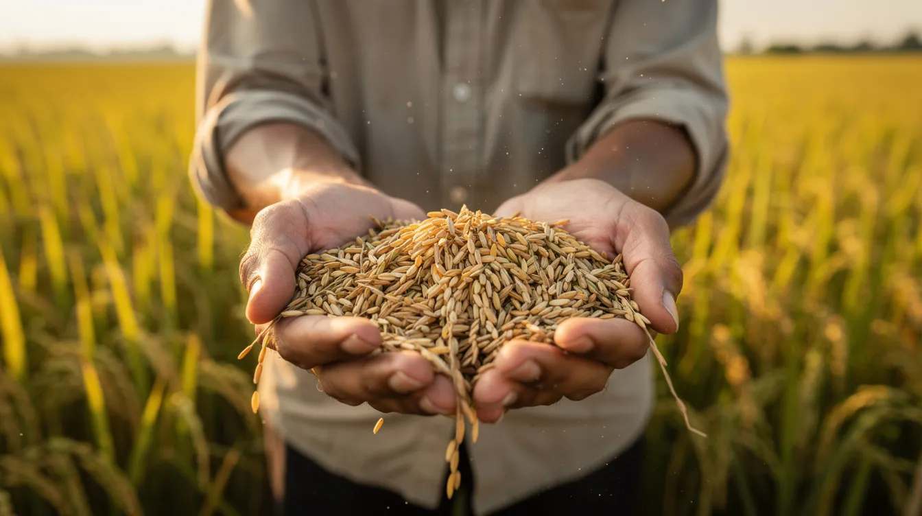 20370613 9cc1 4adf 851e 2e7be25ba1a2 A farmer stands in a sunlit field, holding cupped hands filled with golden paddy grains, symbolizing the raw material essential for the rice processing industry. This image captures the importance of quality paddy in the entire process of producing high-quality rice, a staple food that meets market demand.