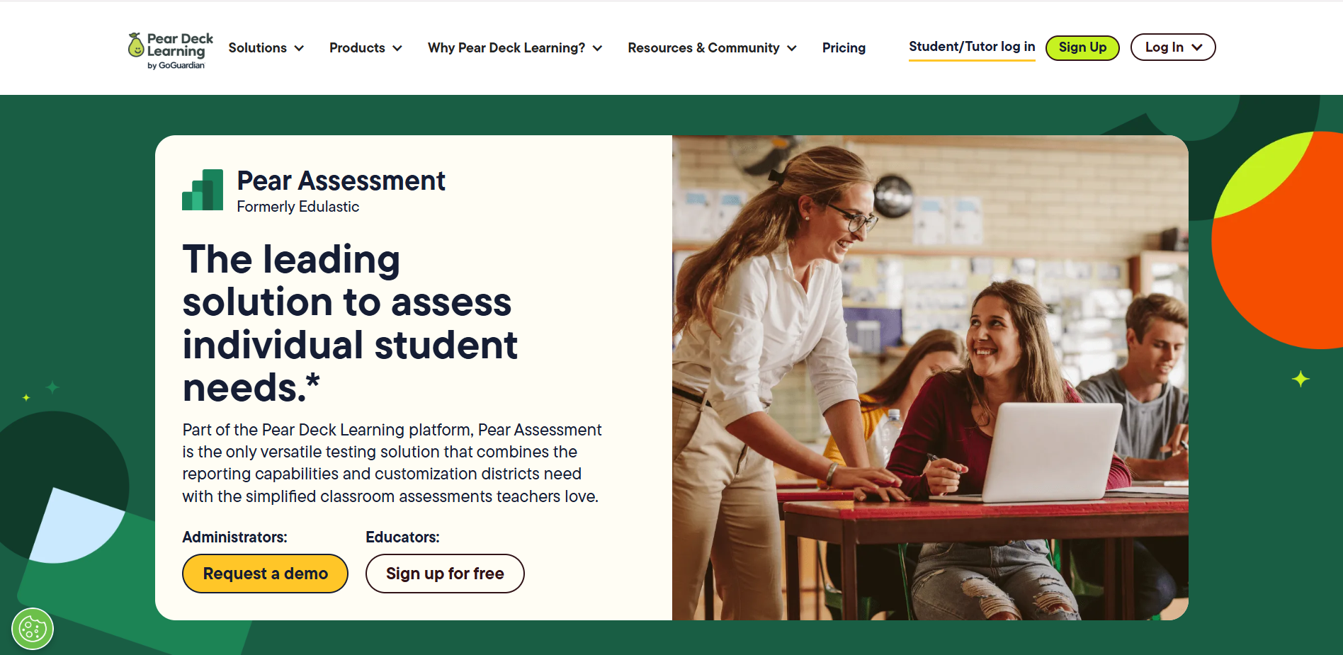 Pear Assessment by Pear Deck Learning homepage showcasing a digital student assessment platform with a teacher assisting students in a collaborative classroom