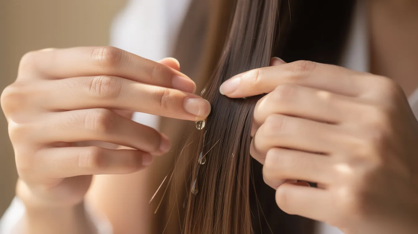 A person is gently applying a small amount of hair oil to the ends of their damp hair using their fingertips, focusing on reducing split ends and promoting hair growth. This hair care routine emphasizes the use of natural oils to add shine and protect against damage.