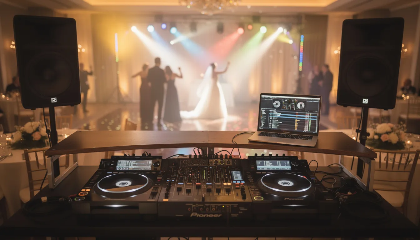 Hochzeits DJ Nathan White 10 Das Bild zeigt professionelles DJ-Equipment bei einer Hochzeit, umgeben von stimmungsvollem Licht, das eine festliche Atmosphäre schafft. Gäste tanzen und genießen die Musik, die von einem Hochzeits DJ in Schweinfurt aufgelegt wird, während die Feier in vollem Gange ist.