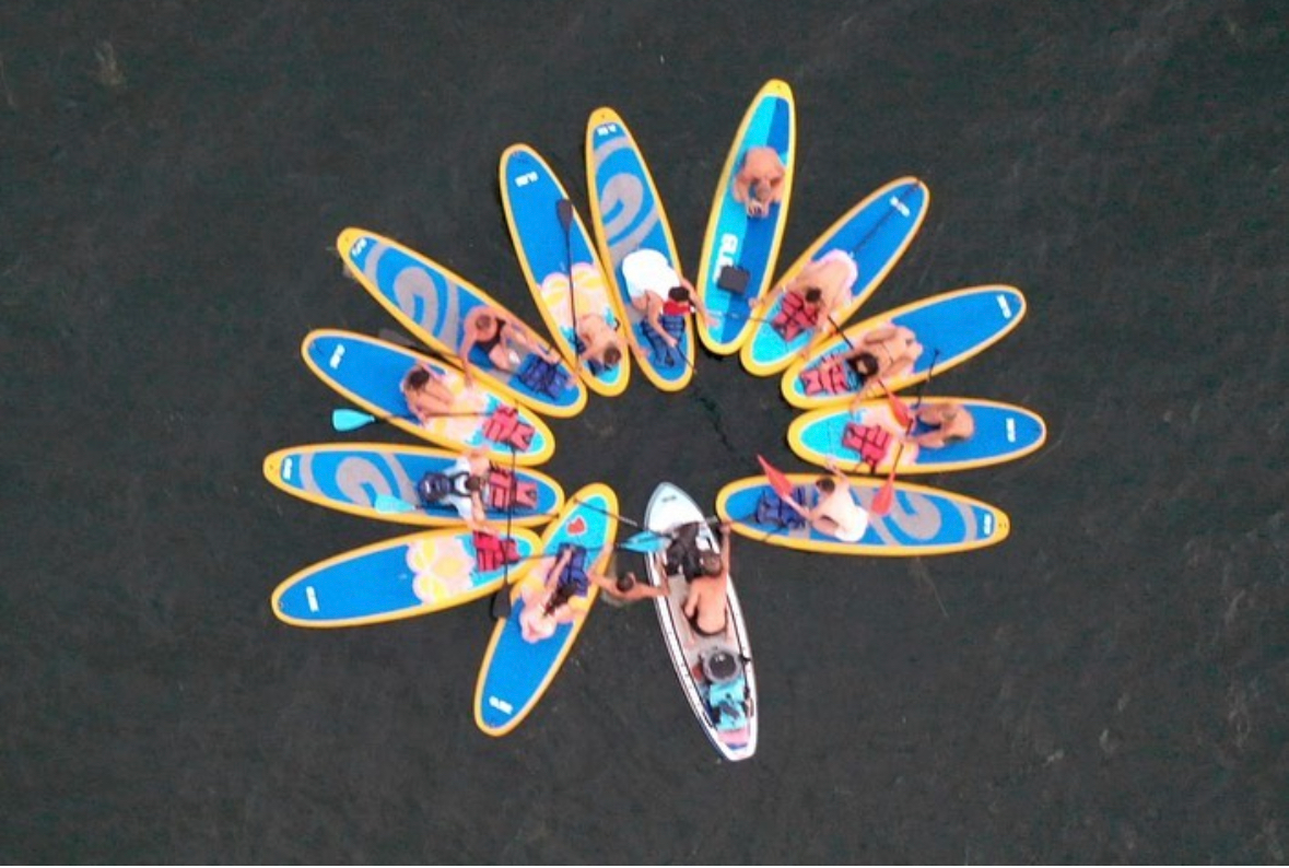 group on stand up paddle boards