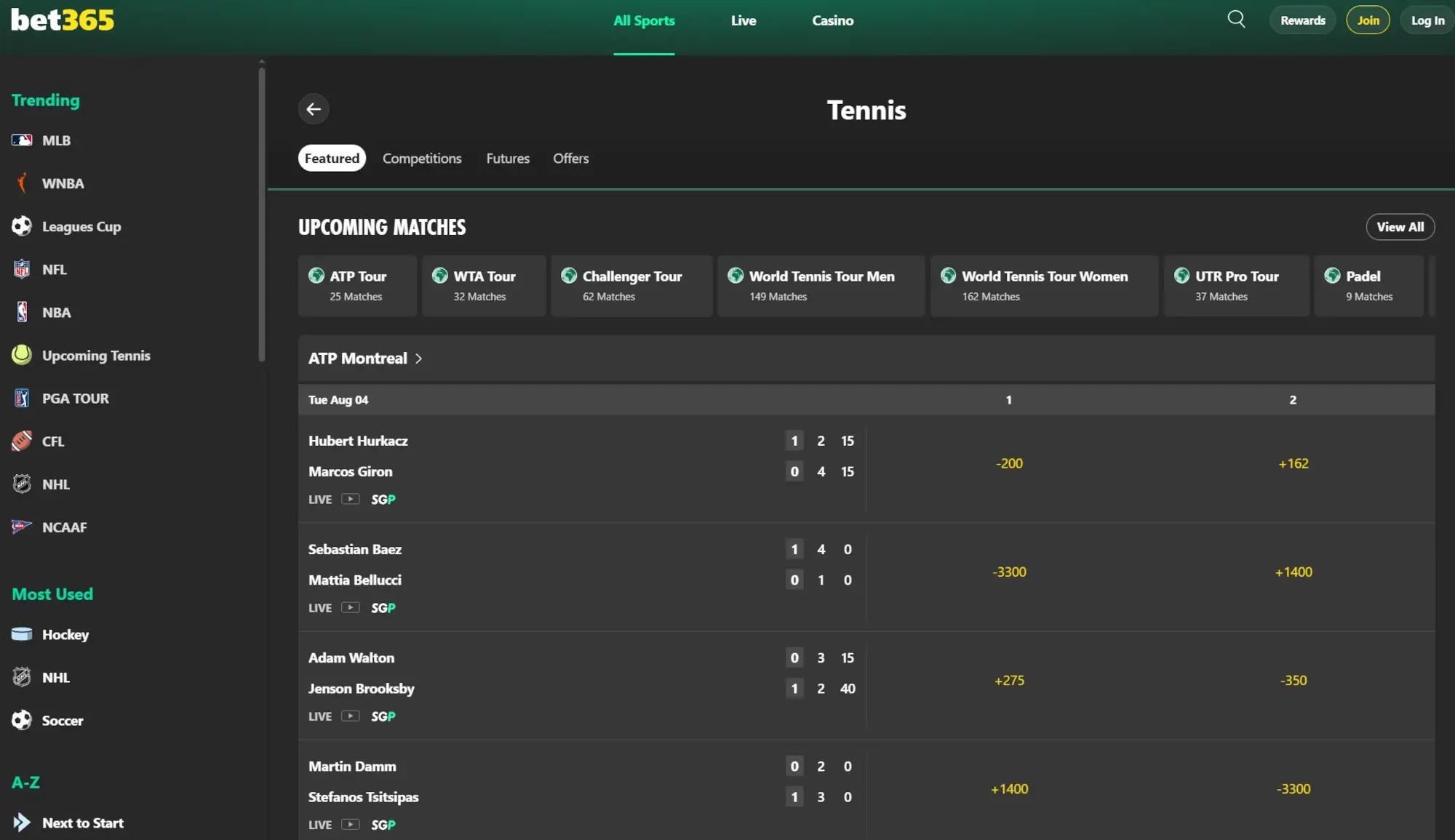 A screenshot of bet365 displaying Canadian Open Tennis Odds