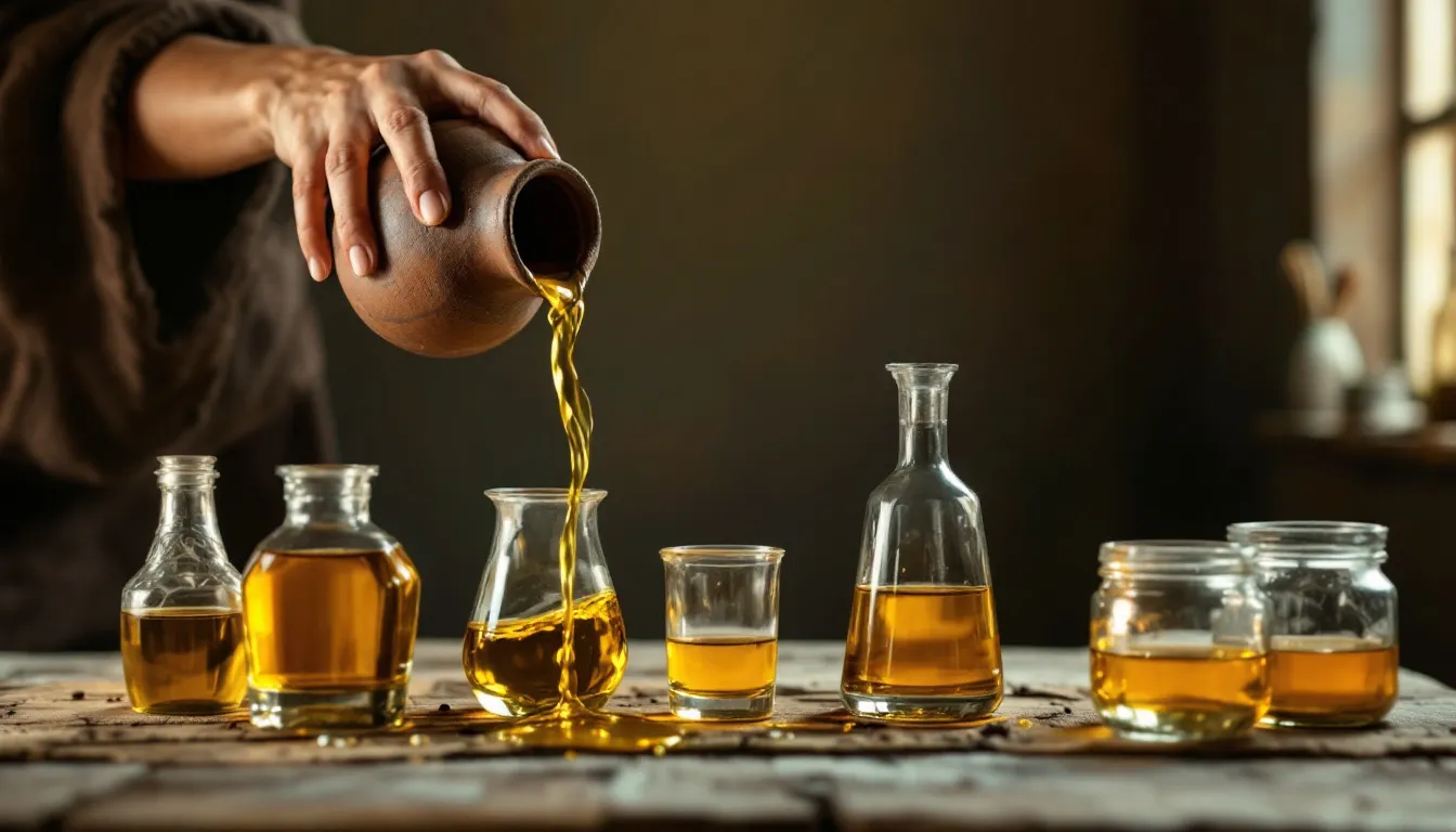 The image depicts hands pouring oil from a small jar into several vessels, symbolizing the widow's miracle of supernatural multiplication as described in the Bible. This visual represents the financial breakthrough and blessings that come from faith in the Lord God, illustrating the abundant prosperity that can arise from divine intervention.