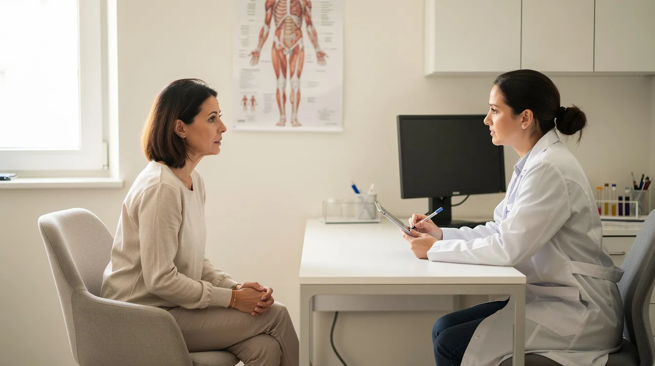 A woman is seated in a bright consultation room, engaging in a discussion with a physician about options for tuberous breast correction surgery. The setting reflects a professional atmosphere where they are likely addressing concerns related to breast shape and aesthetic goals.