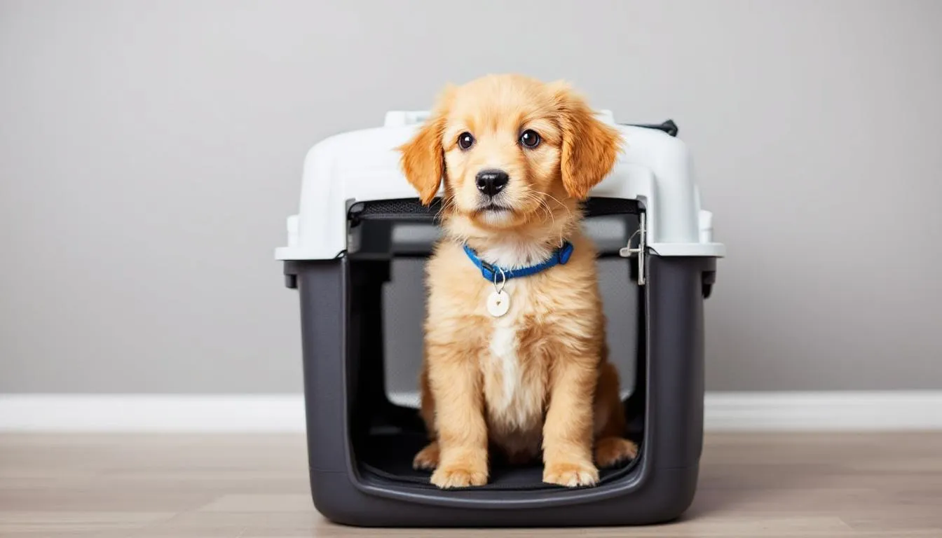 A mini goldendoodle puppy is nestled inside a travel crate, eagerly awaiting pickup. This adorable pup, known for its affectionate nature and hypoallergenic coat, is ready to become a beloved family member.
