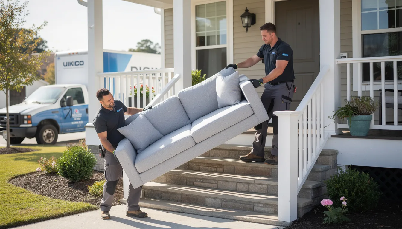 Two professional movers are carefully carrying a large sofa down a set of porch steps, demonstrating teamwork and balance as they navigate the bulky item. The scene highlights the importance of responsible recycling and proper disposal of large furniture during bulk trash pickup services.