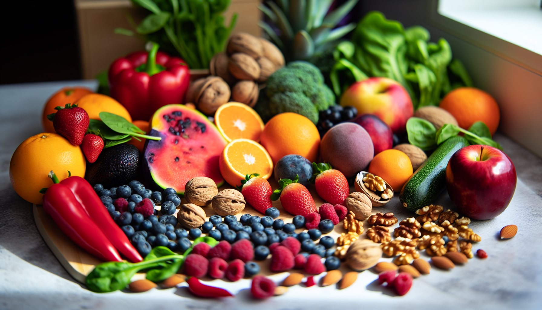 Assortment of colorful fruits, vegetables, and nuts