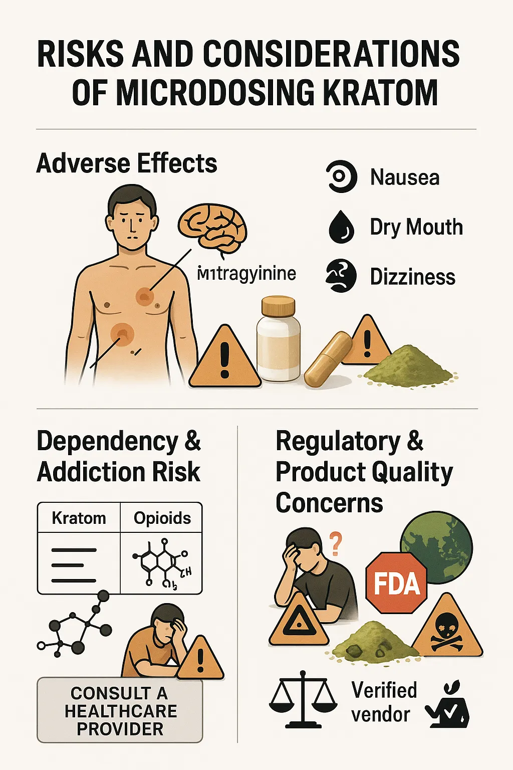 The Benefits and Risks of Microdosing Kratom for Anxiety and Clarity 7 An infographic describing adverse effects, dependency risks, and regulatory issues associated with kratom microdosing, including visuals of nausea, dizziness, and FDA warnings.