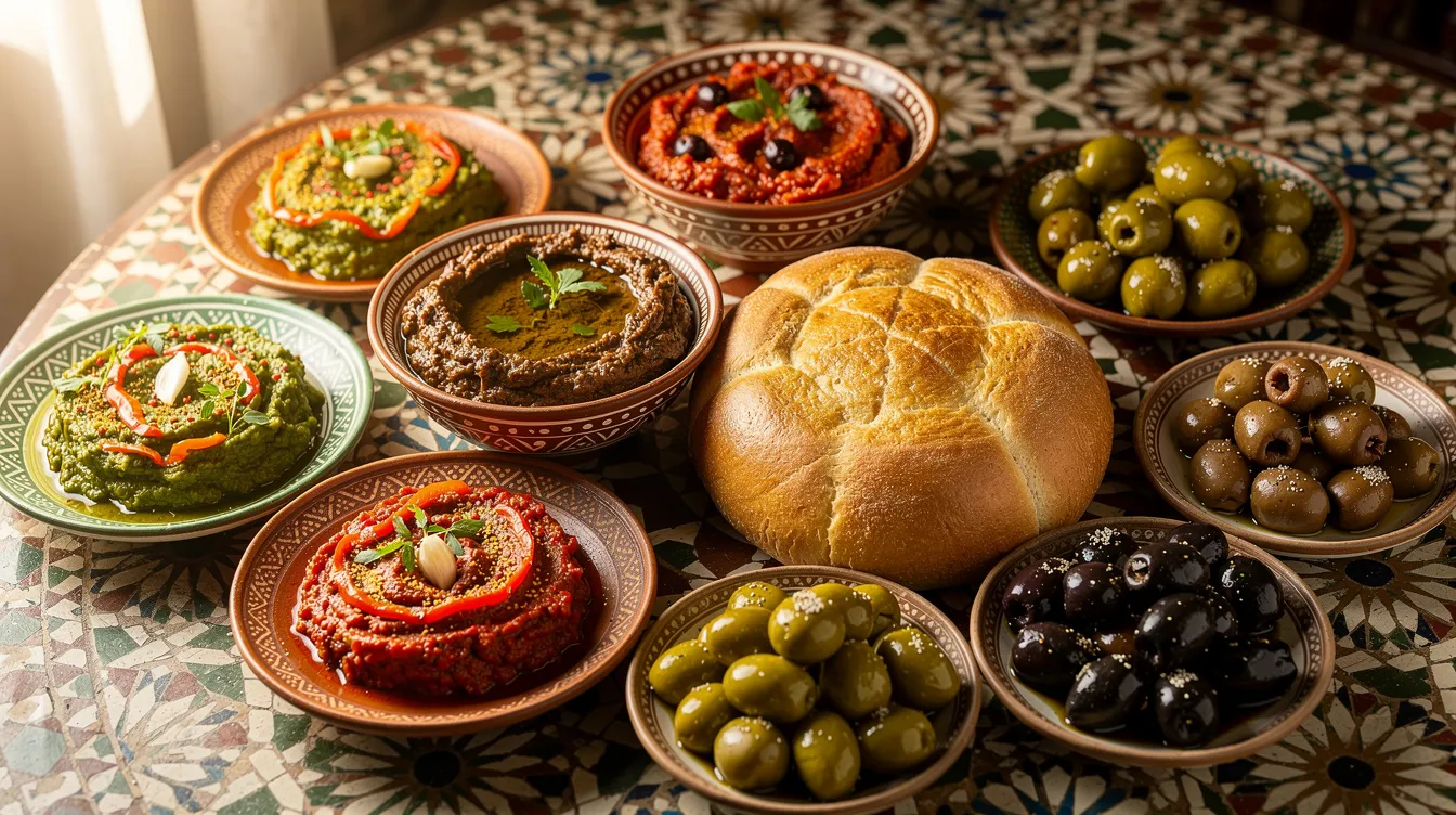 The image features a vibrant spread of traditional Moroccan salads, including zaalouk and taktouka, arranged alongside plates of olives and round bread on a beautifully designed mosaic table. This colorful display highlights the delicious vegetarian dishes of Moroccan cuisine, perfect for those seeking vegetarian and vegan options.