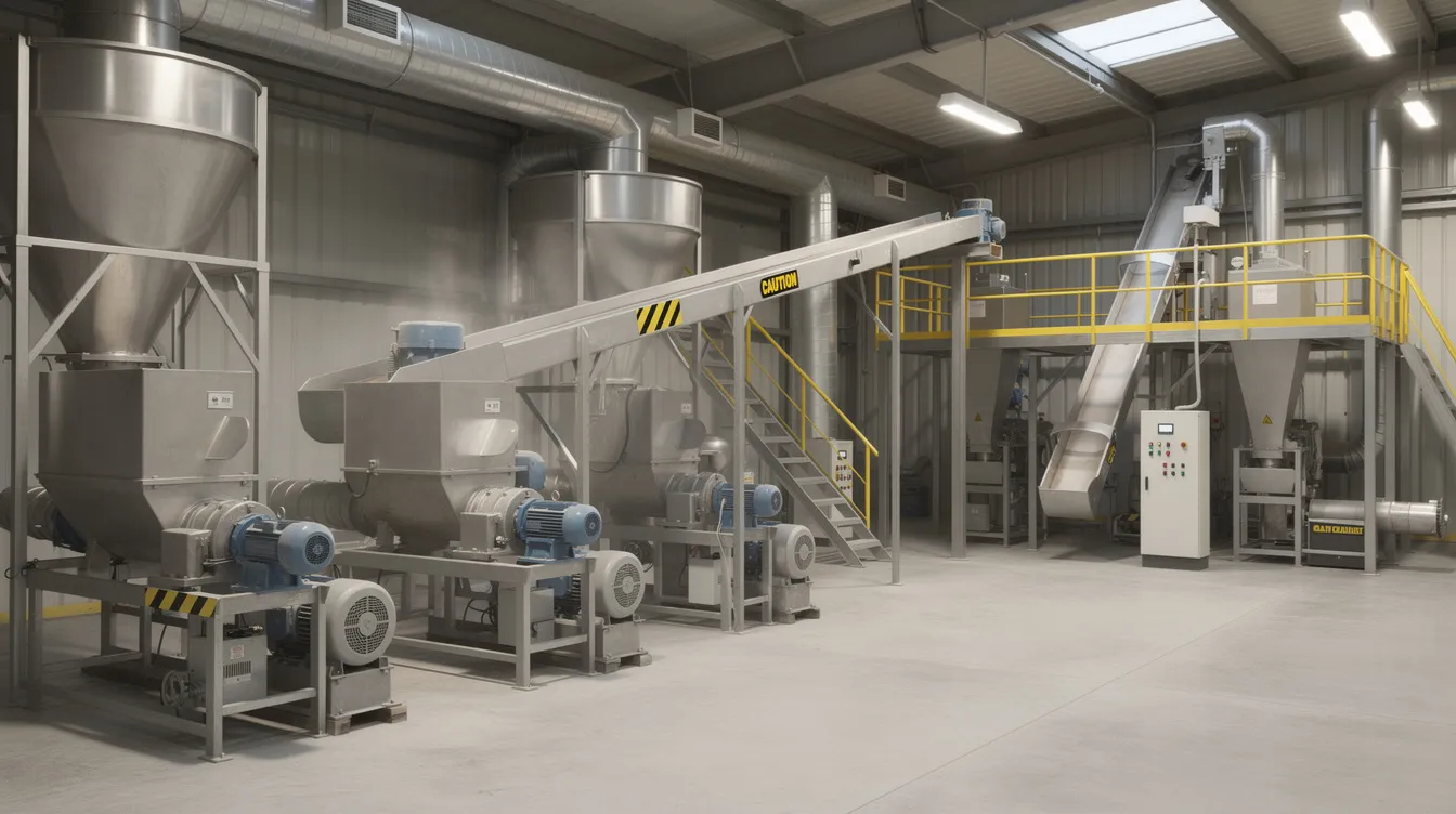 20465843 5d6d 4408 961f 29f4d464895d The image depicts industrial grain processing machinery inside a factory, featuring metal hoppers, conveyors, and motors designed for efficient operation in the production of high-quality besan, or gram flour. This fully automatic besan mill plant showcases robust construction and is optimized for low maintenance and high efficiency in food processing industries.