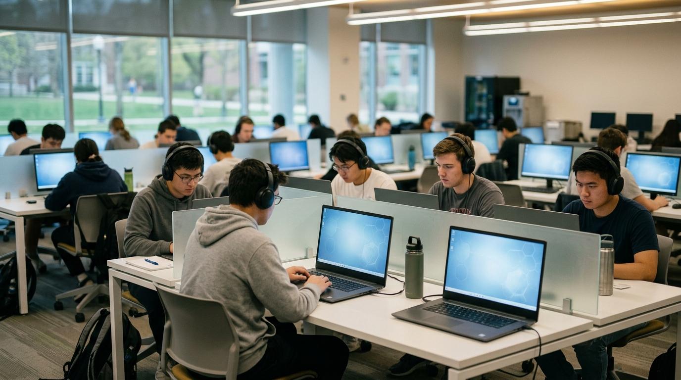Modern university students taking exams inside identical cloud-hosted virtual desktops with cybersecurity shields, isolated workspaces, and synchronized computing environments. 