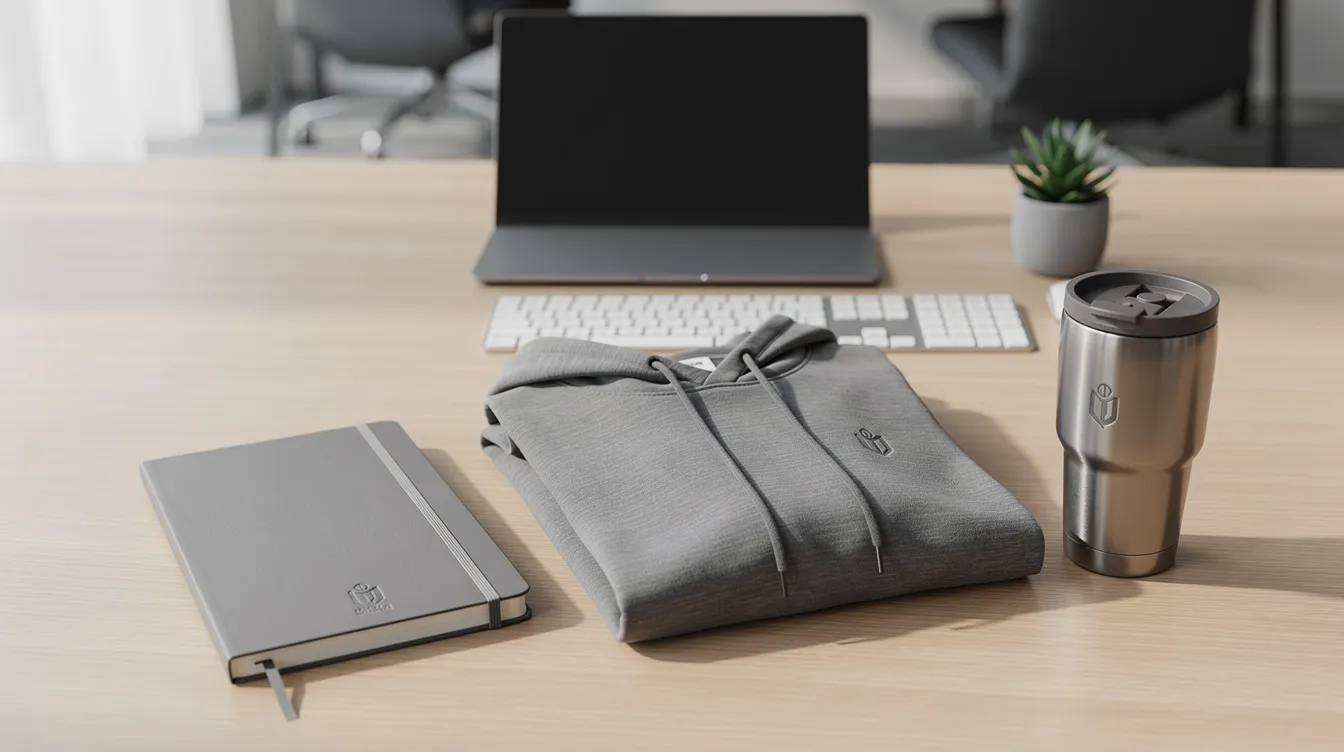 Na nowoczesnym biurku znajduje się zestaw powitalny dla nowych pracowników, obejmujący markowy hoodie z logo firmy, notes oraz termos. Te wysokiej jakości produkty służą jako prezenty korporacyjne, które wspierają budowanie trwałych relacji biznesowych i lojalności wśród pracowników.