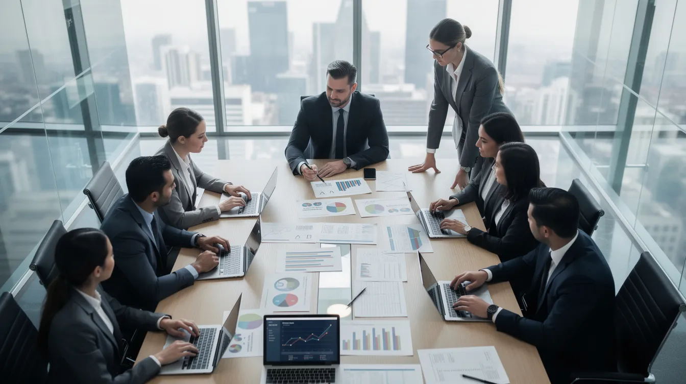 A group of business professionals is seated around a conference table, engaged in a meeting while reviewing various financial documents and spreadsheets. The atmosphere suggests a focus on project costs, possibly related to a new hospital initiative aimed at improving cancer treatment for needy and underprivileged cancer patients.