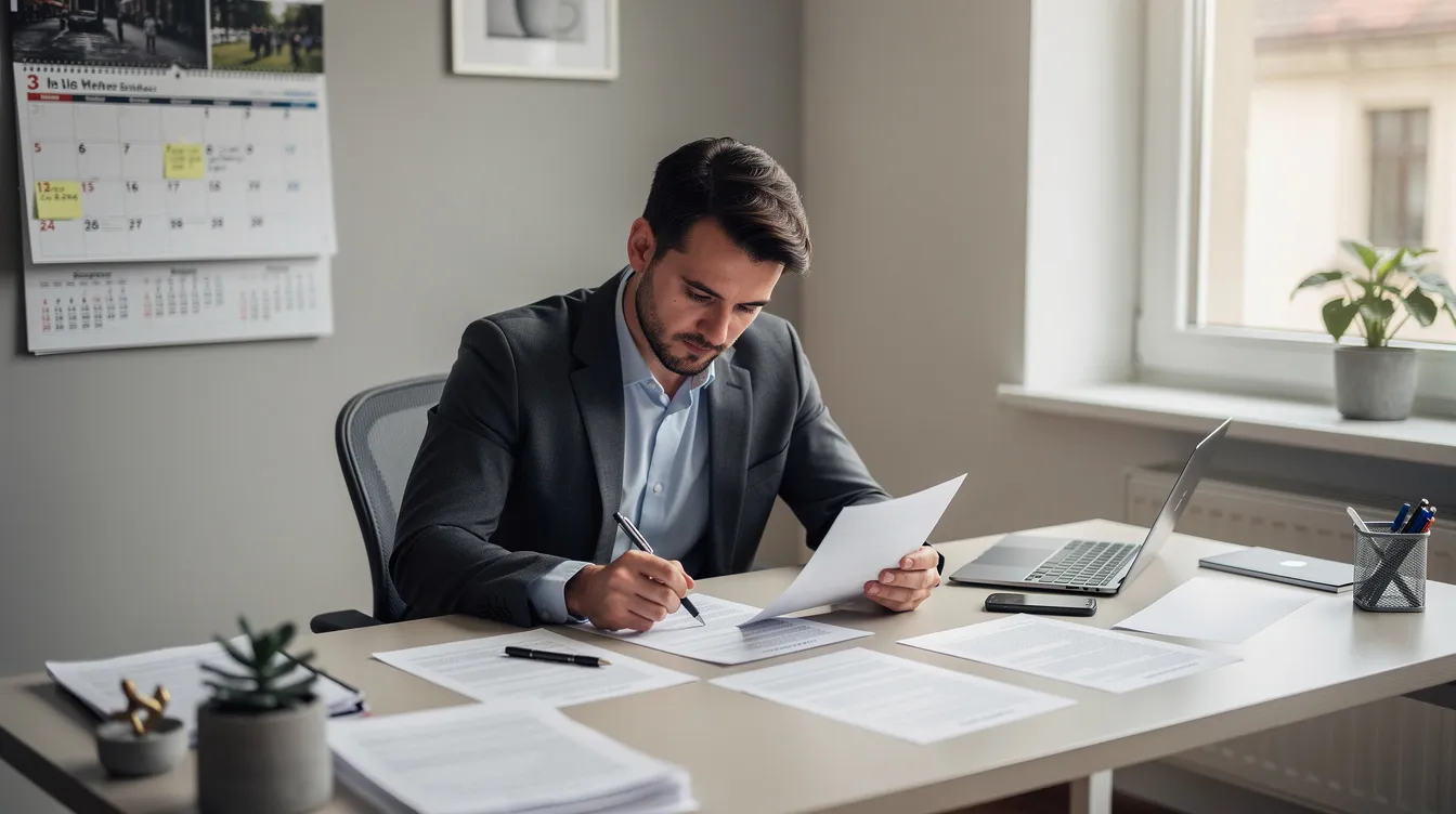 A worker is seated at a desk, reviewing paperwork related to a workers compensation claim, with a calendar visible in the background, indicating the importance of key deadlines for filing and receiving benefits after a workplace injury. The scene emphasizes the process of documenting incidents and the necessity of being aware of time-sensitive filings to protect injured workers' rights.