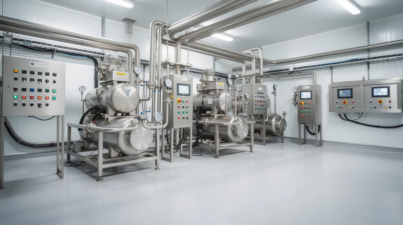 20499dce be84 483c b97e 2f2e13083f92 The image depicts a large industrial dairy machinery room featuring stainless steel pipes, compressors, and control panels essential for butter production. This setup highlights the advanced technology and equipment used in food processing industries, particularly in the manufacturing of dairy products.